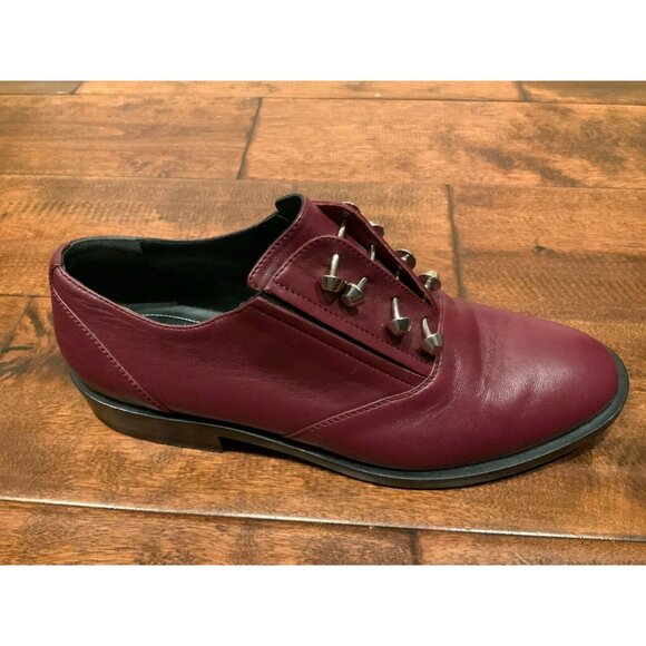 Balenciaga Burgundy Leather Silver Studded Oxford Shoes, Size 8 (US) 38 (IT)